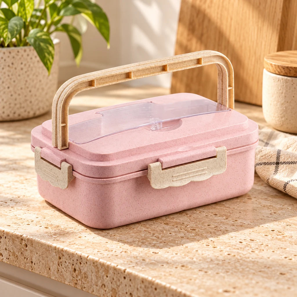 Pink compartmented plastic meal box
