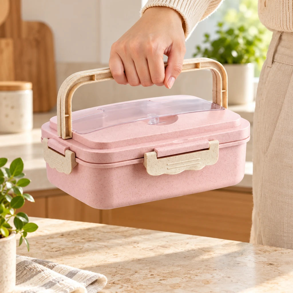 Pink compartmented plastic meal box — view 2