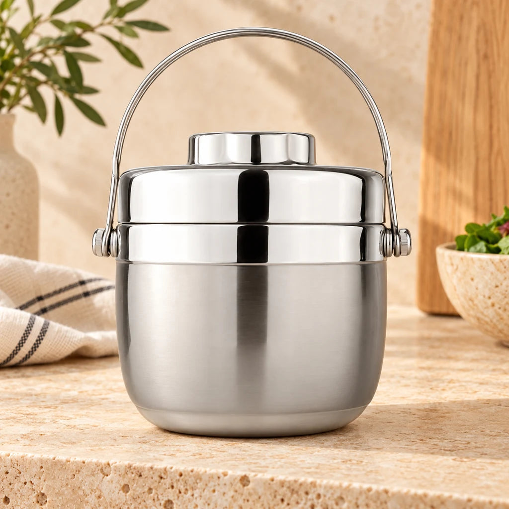 Silver Round Insulated Stainless Steel Lunch Box