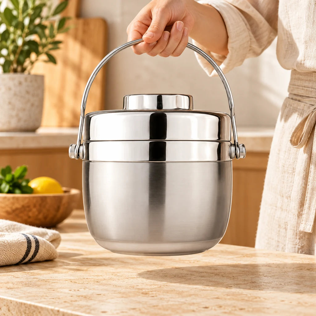 Silver Round Insulated Stainless Steel Lunch Box — view 2