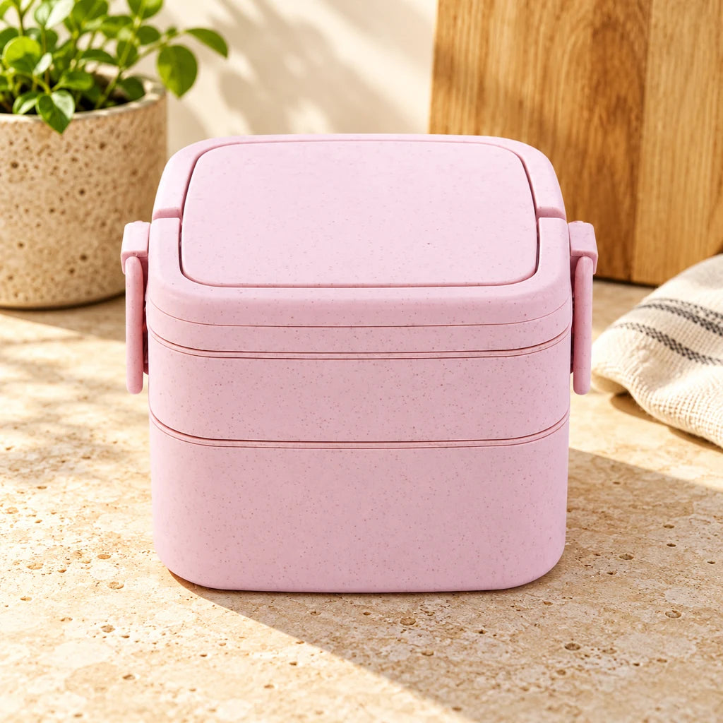Two-Tier Wheat Fiber Lunch Box with Pink Handle