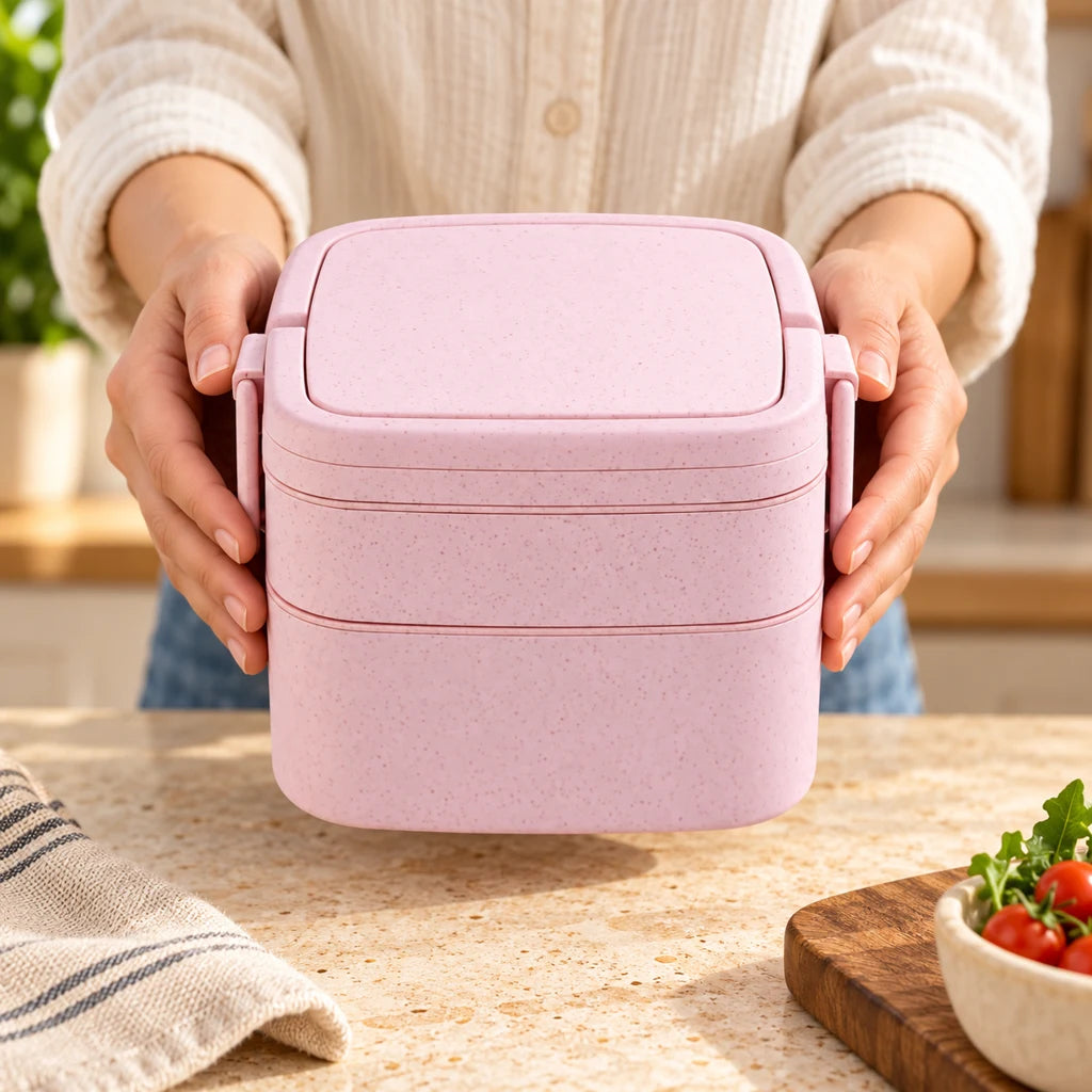Two-Tier Wheat Fiber Lunch Box with Pink Handle — view 2