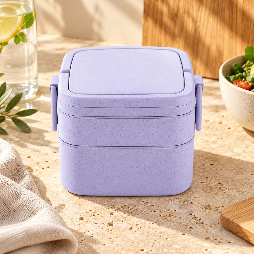 Two-Tier Wheat Fiber Lunch Box with Purple Handle