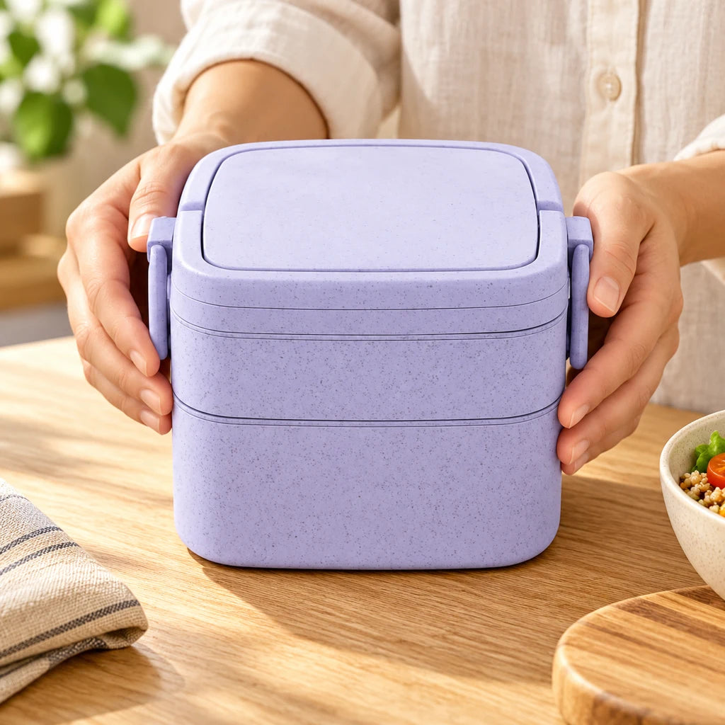 Two-Tier Wheat Fiber Lunch Box with Purple Handle — view 2
