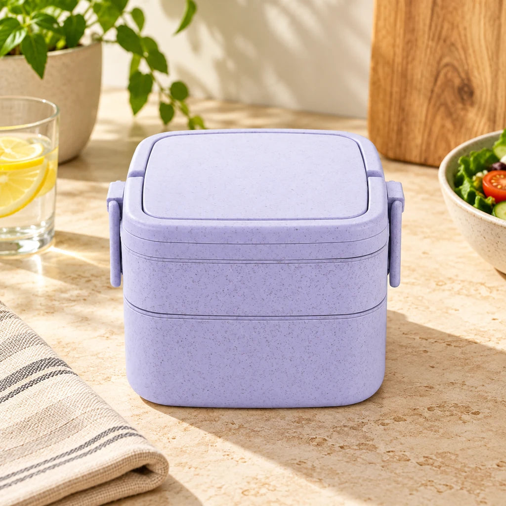 Two-Tier Wheat Fiber Lunch Box with Purple Handle — view 3
