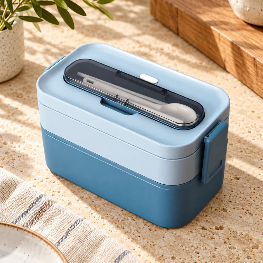 Microwave-Safe Plastic Bento Box 2-Tier Blue