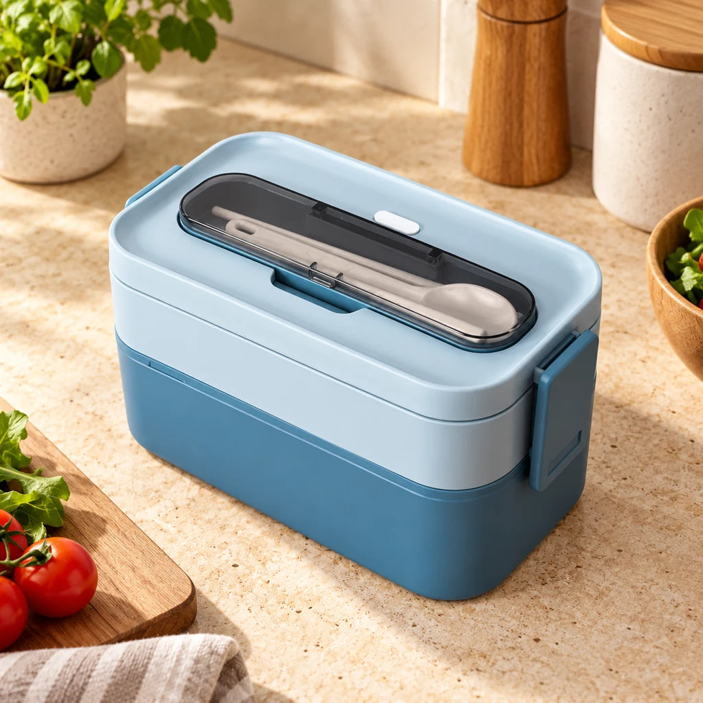 Microwave-Safe Plastic Bento Box 2-Tier Blue — view 2