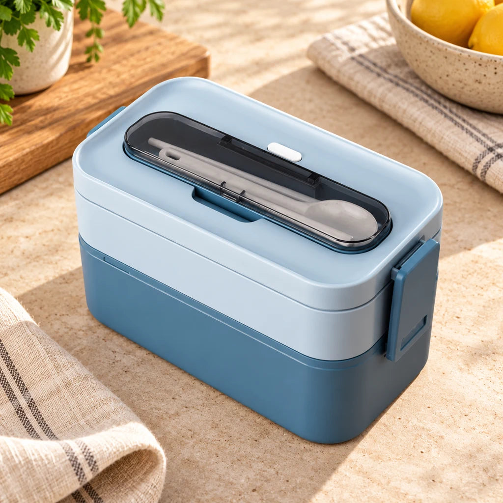 Microwave-Safe Plastic Bento Box 2-Tier Blue — view 3