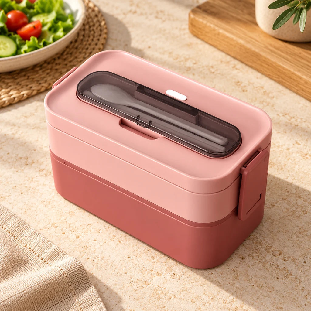 Pink 2-Tier Plastic Bento Box, Microwave Safe