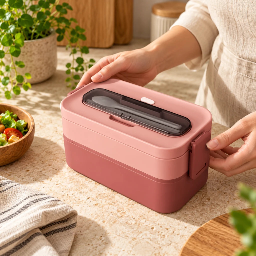 Pink 2-Tier Plastic Bento Box, Microwave Safe — view 2