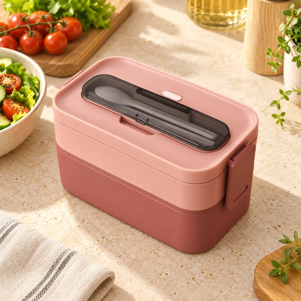Pink 2-Tier Plastic Bento Box, Microwave Safe — view 3