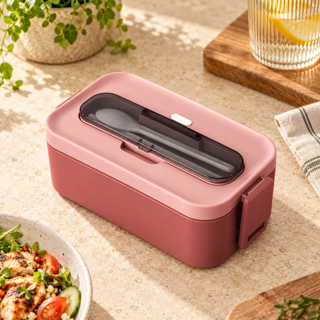 Pink 1-Tier Plastic Bento Box, Microwave Safe