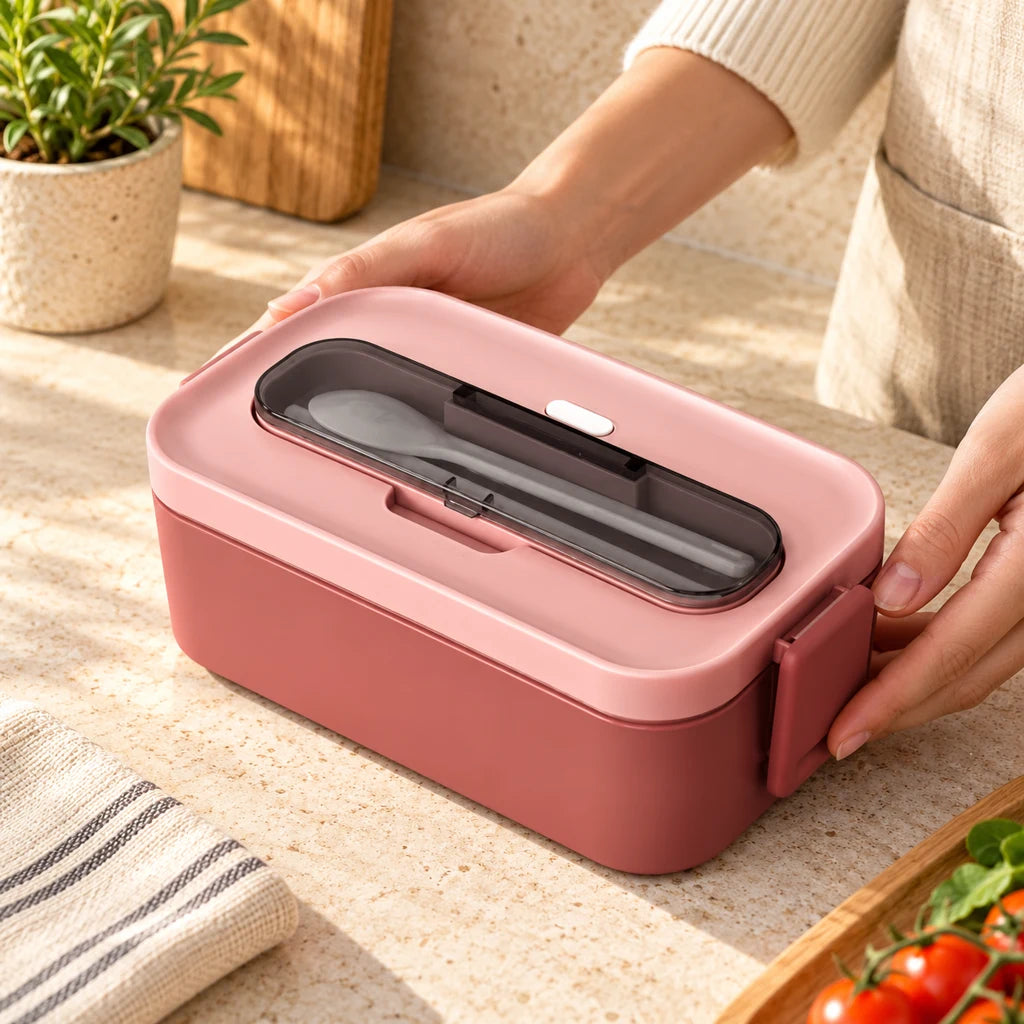 Pink 1-Tier Plastic Bento Box, Microwave Safe — view 2