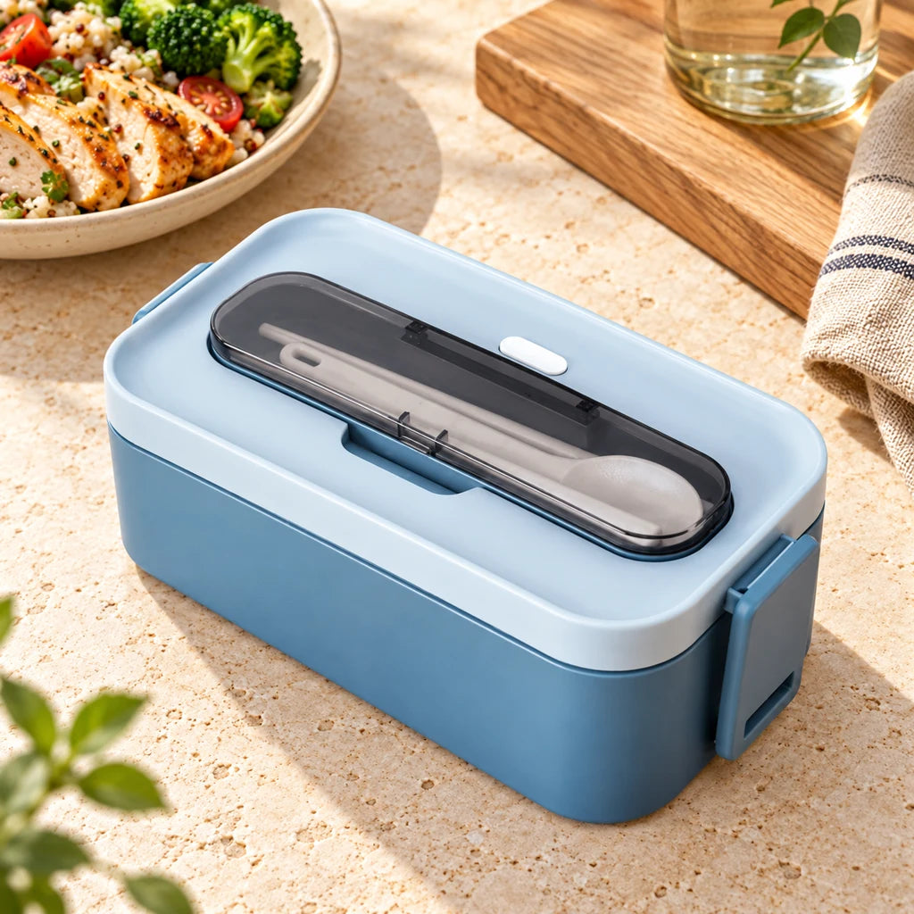 Blue 1-Tier Plastic Bento Box, Microwave Safe