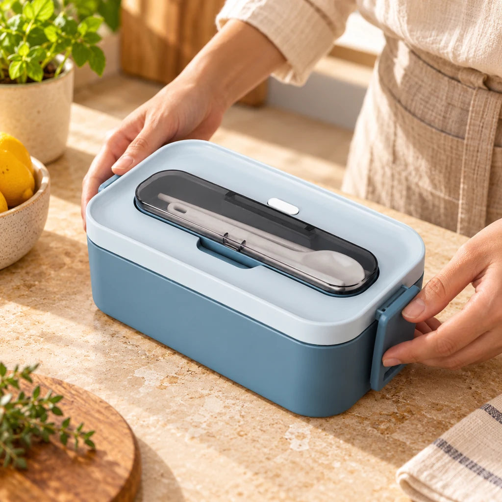Blue 1-Tier Plastic Bento Box, Microwave Safe — view 2