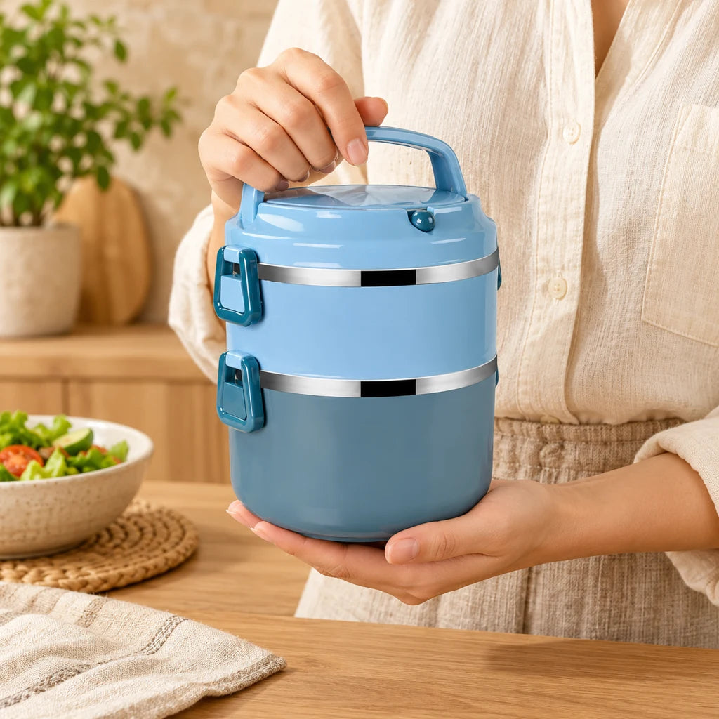 Insulated Multi-Tier Lunch Box Blue Stainless Steel with Handle — view 2