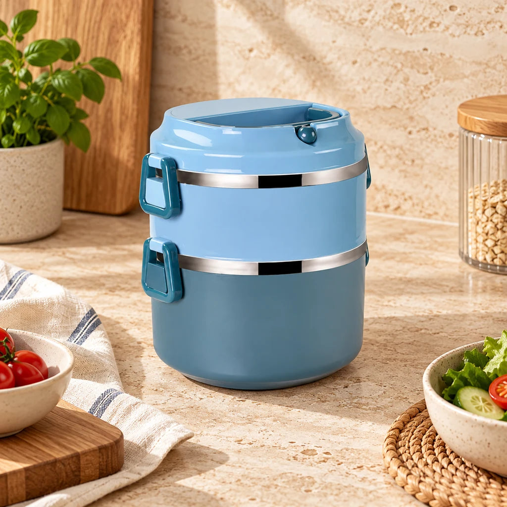 Insulated Multi-Tier Lunch Box Blue Stainless Steel with Handle — view 3