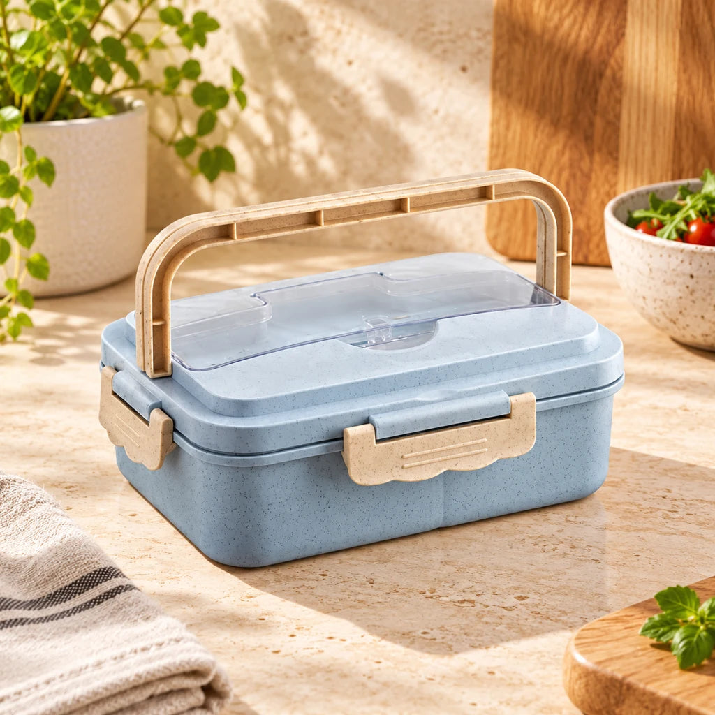 Blue compartmented plastic meal box