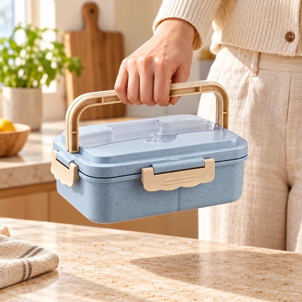 Blue compartmented plastic meal box — view 2
