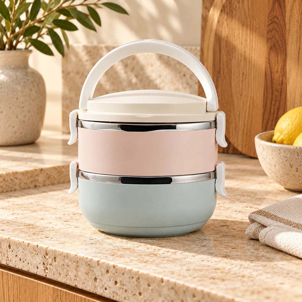 2-Tier Insulated Stainless Steel Meal Box with Utensils — view 3