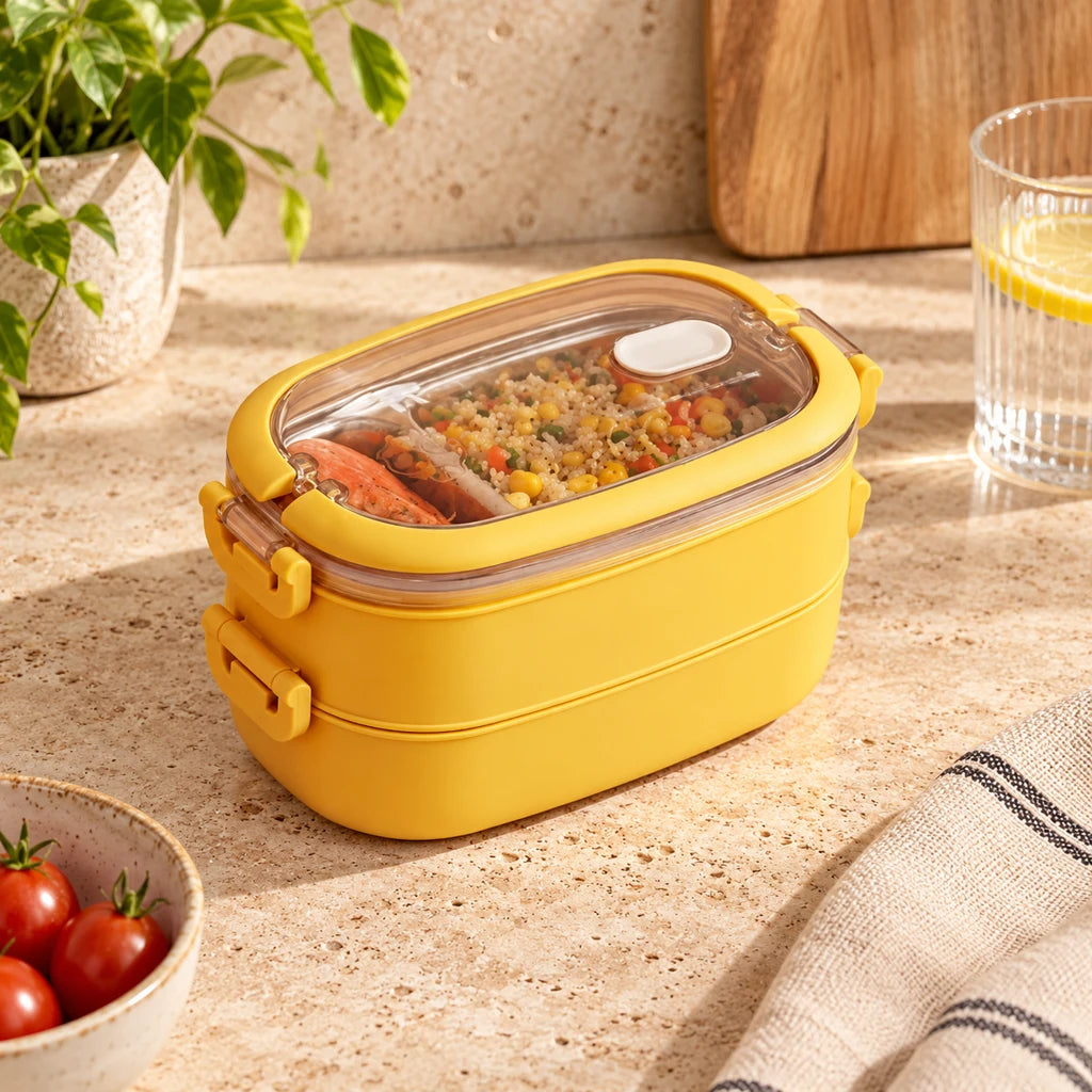 Yellow 2-Tier Insulated Stainless Steel Lunch Box with Clear Lid