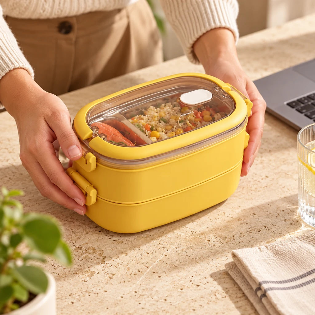Yellow 2-Tier Insulated Stainless Steel Lunch Box with Clear Lid — view 2