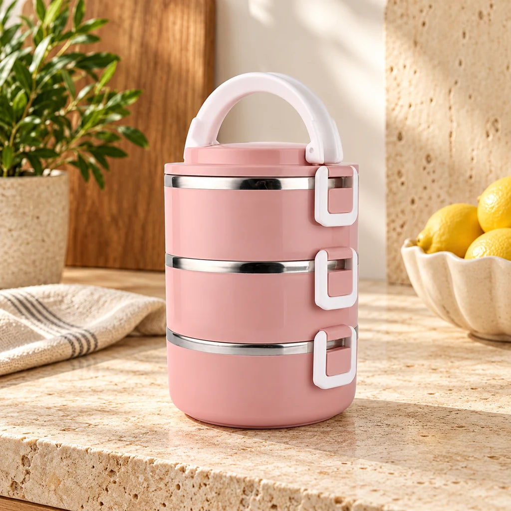 Pink Round 3-Tier Insulated Stainless Steel Lunch Box