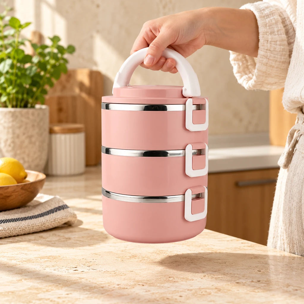 Pink Round 3-Tier Insulated Stainless Steel Lunch Box — view 2