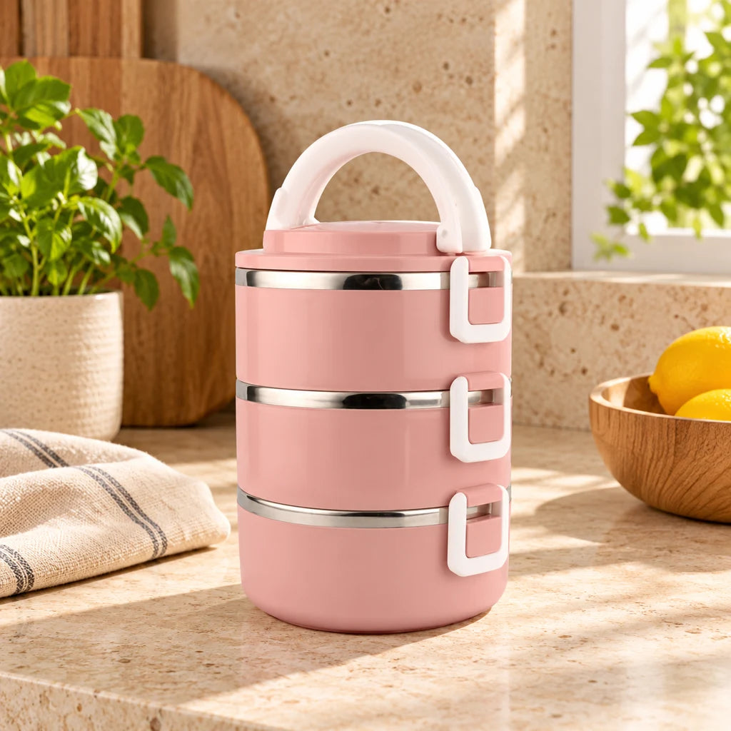 Pink Round 3-Tier Insulated Stainless Steel Lunch Box — view 3