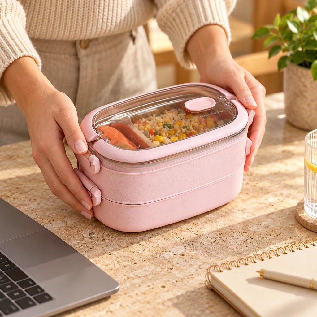Pink 2-Tier Insulated Stainless Steel Lunch Box with Clear Lid — view 2