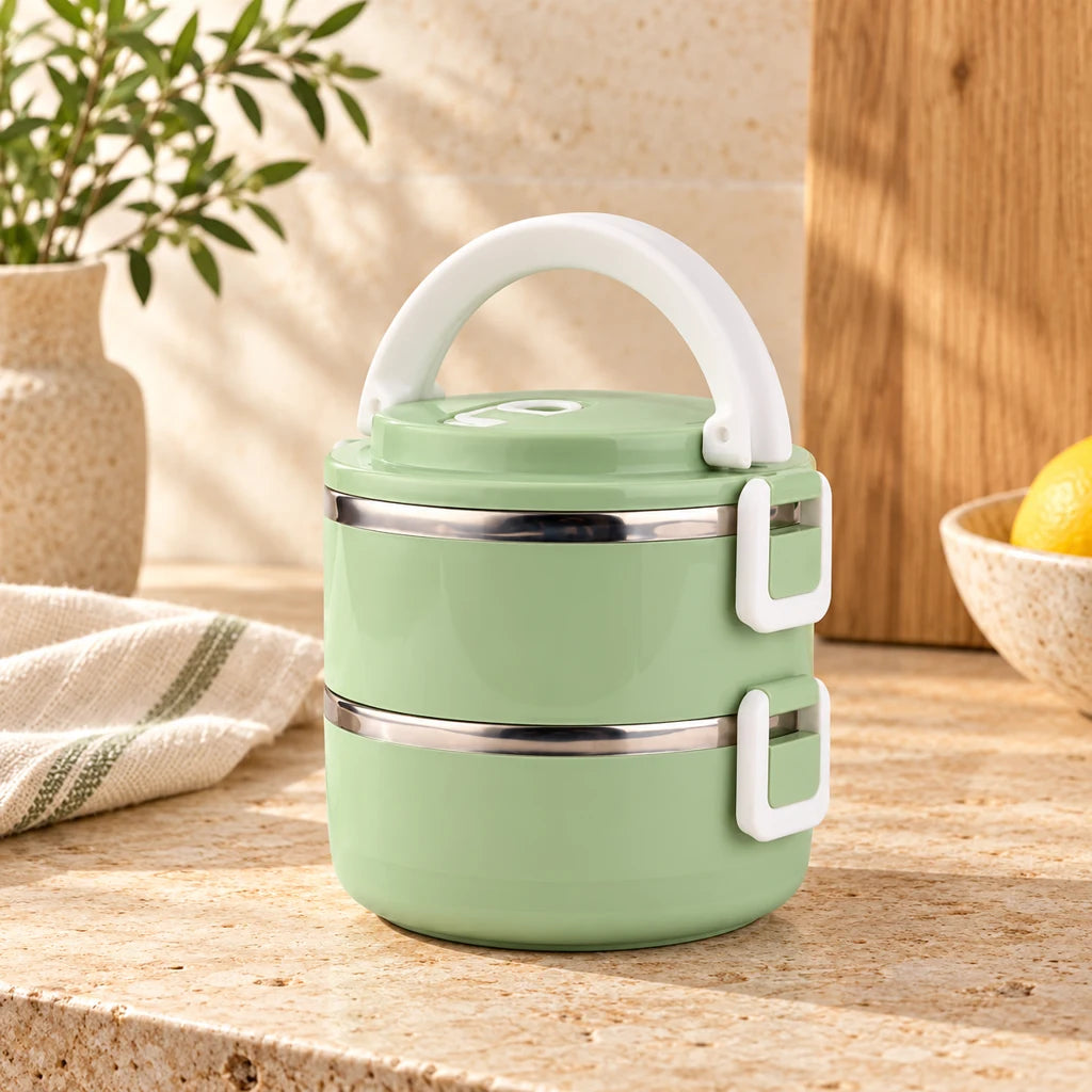 Green Round Insulated Stainless Steel Lunch Box 2 tiers