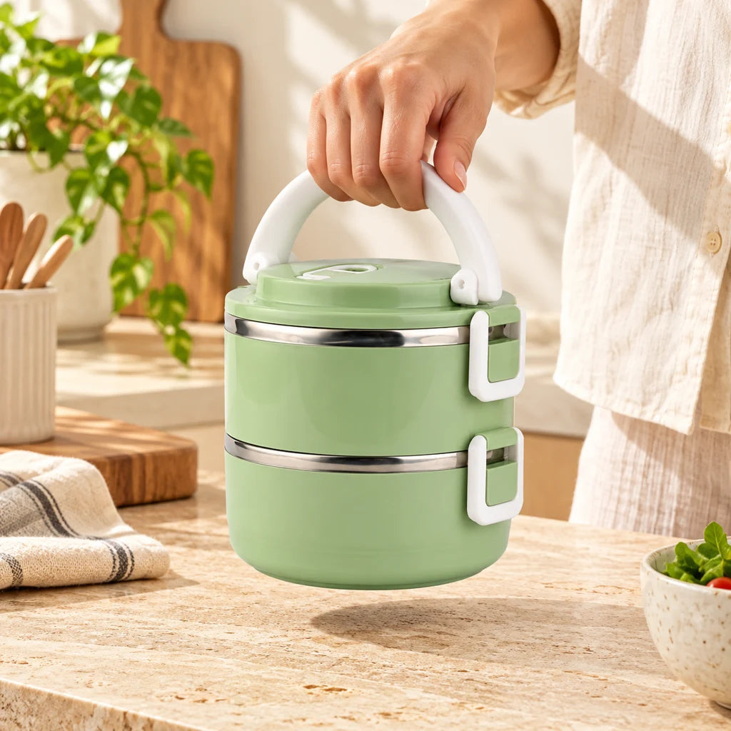 Green Round Insulated Stainless Steel Lunch Box 2 tiers — view 2