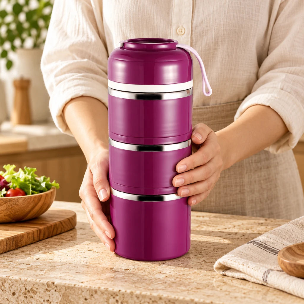 Purple Round Multi-Tier Insulated Stainless Steel Lunch Box — view 2