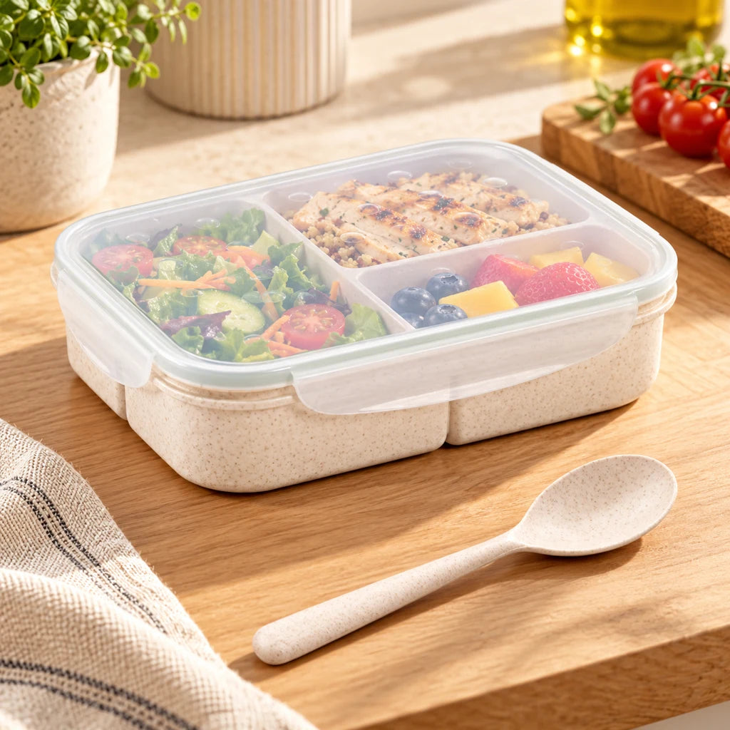 White Triple-Compartment Lunch Box in Wheat Fiber