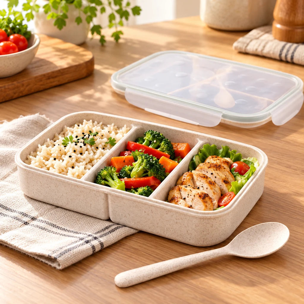 White Triple-Compartment Lunch Box in Wheat Fiber — view 2