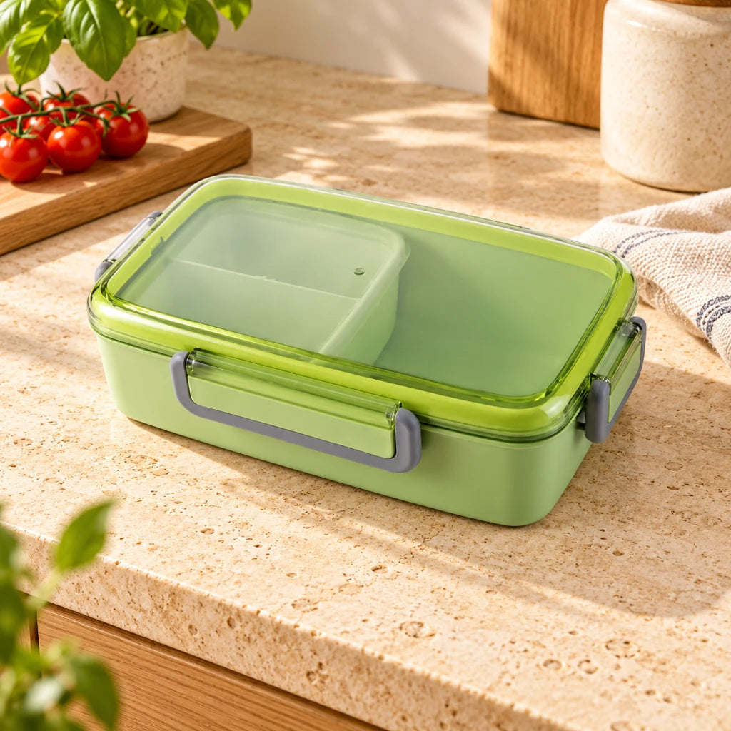 Bamboo fiber lunch box, triple-compartment, with clear lid