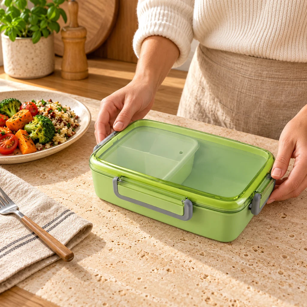 Bamboo fiber lunch box, triple-compartment, with clear lid — view 2