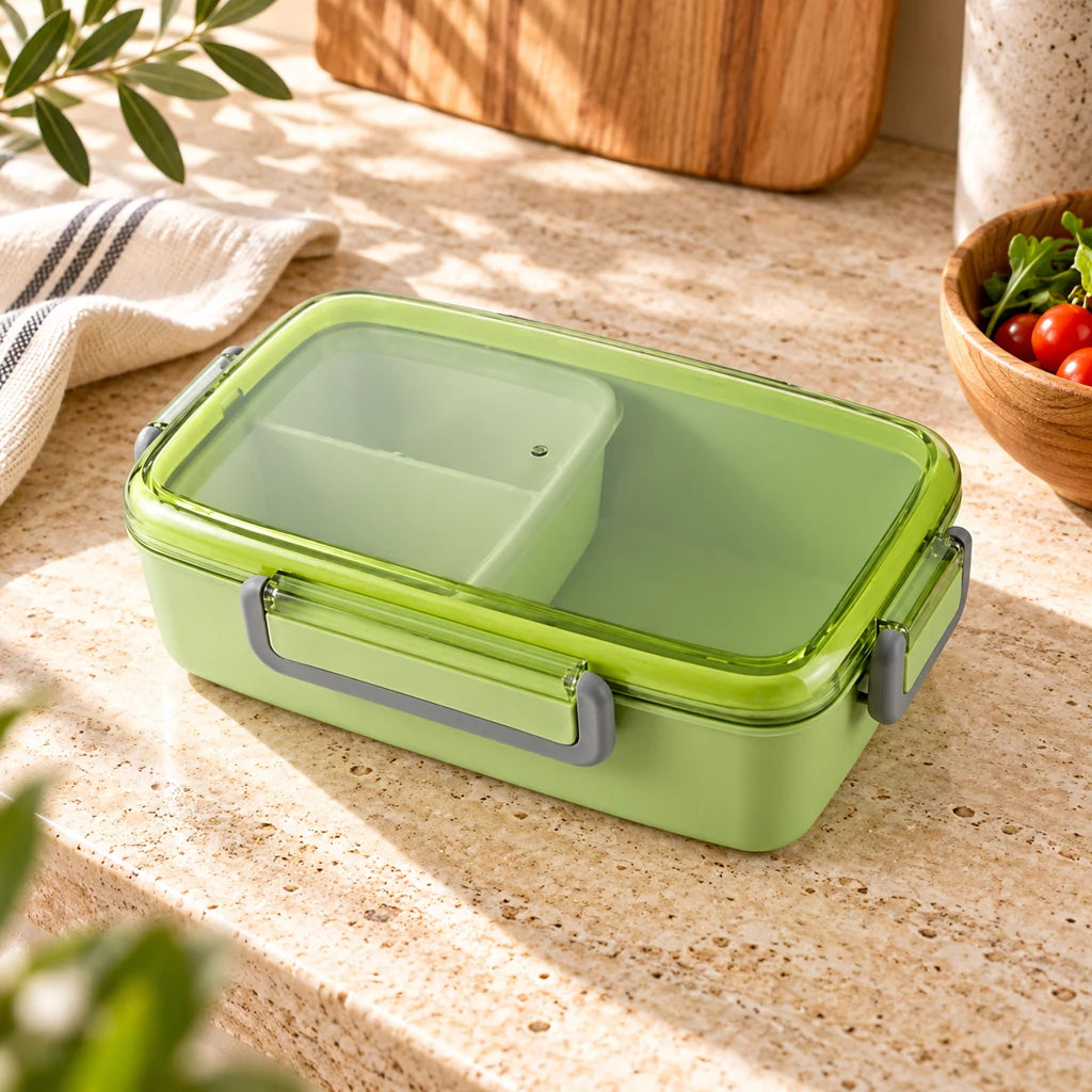 Bamboo fiber lunch box, triple-compartment, with clear lid — view 3