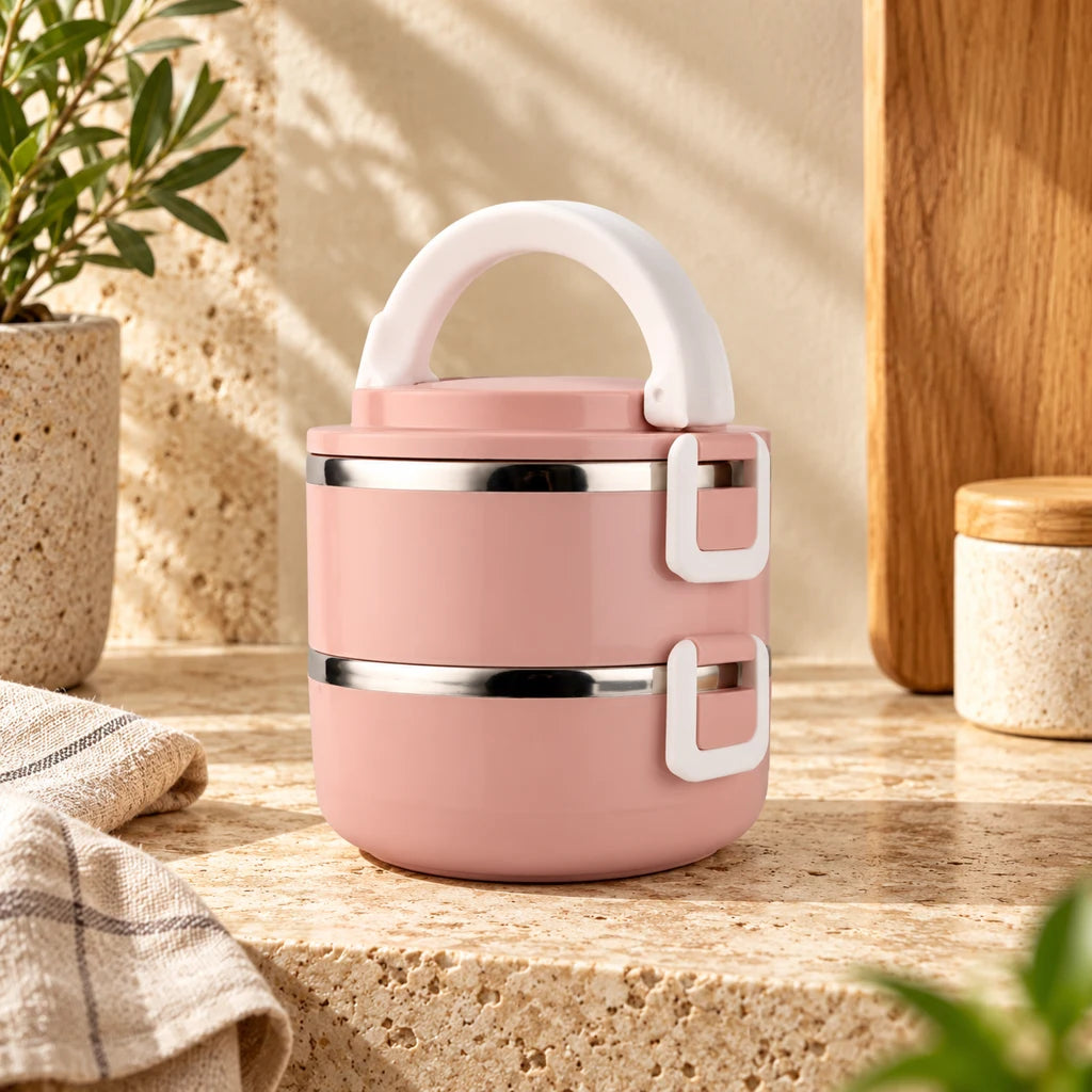 Pink Round 2-Tier Insulated Stainless Steel Lunch Box