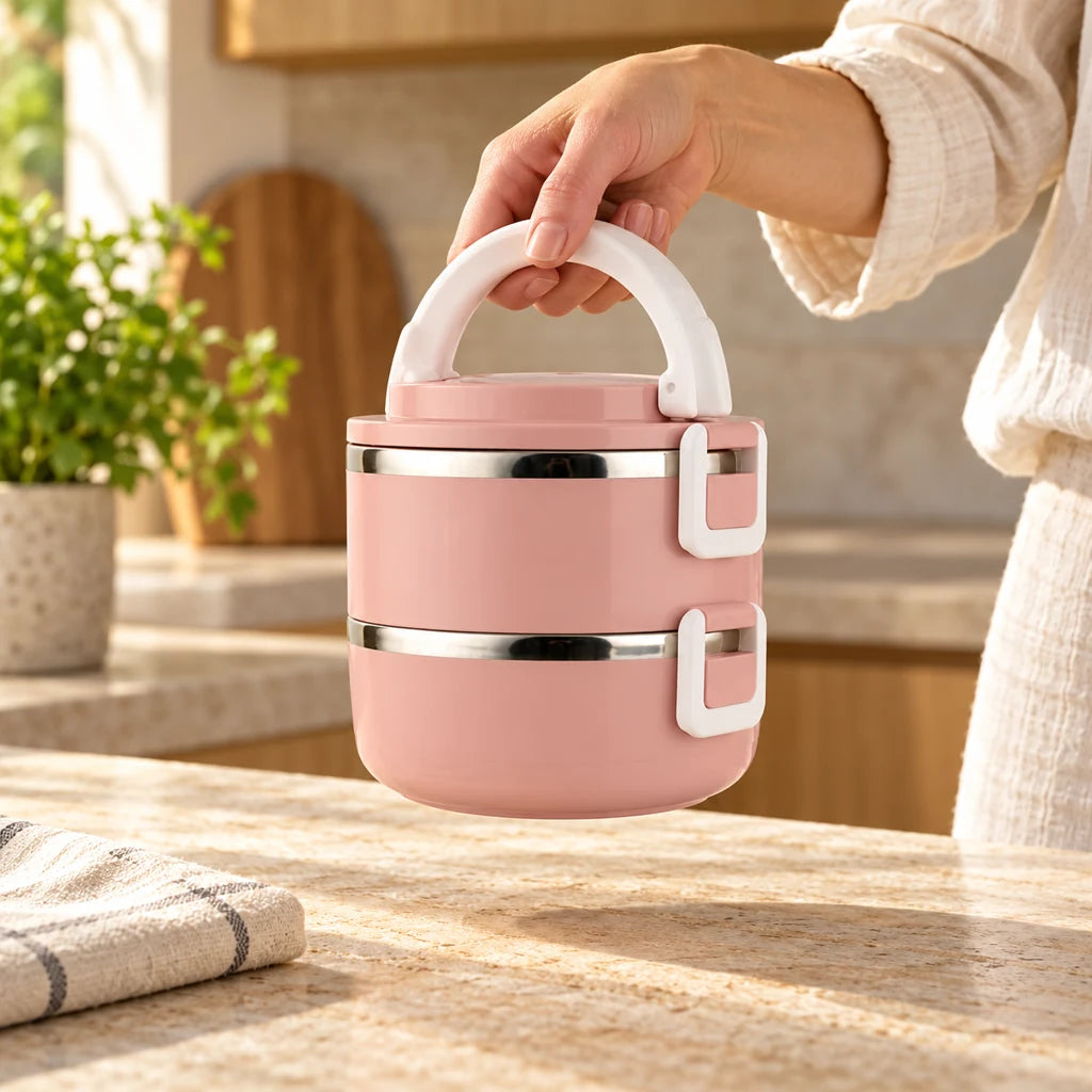 Pink Round 2-Tier Insulated Stainless Steel Lunch Box — view 2