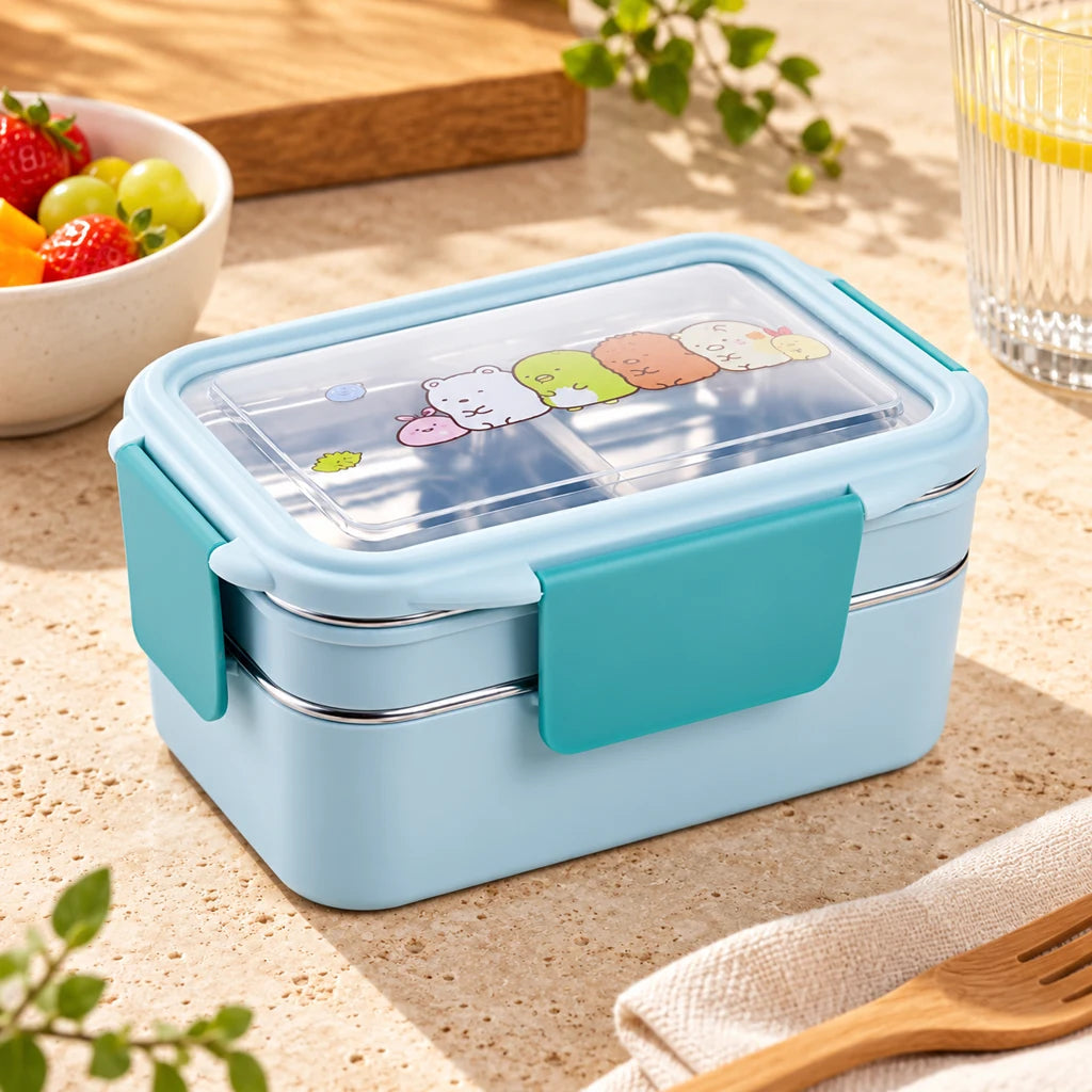 Blue Compartmentalized Stainless Steel Kids Lunch Box Cartoon Patterns