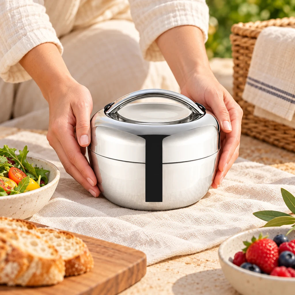 Round Stainless Steel Lunch Box 0.8L 1L 1.3L with Handle — view 2