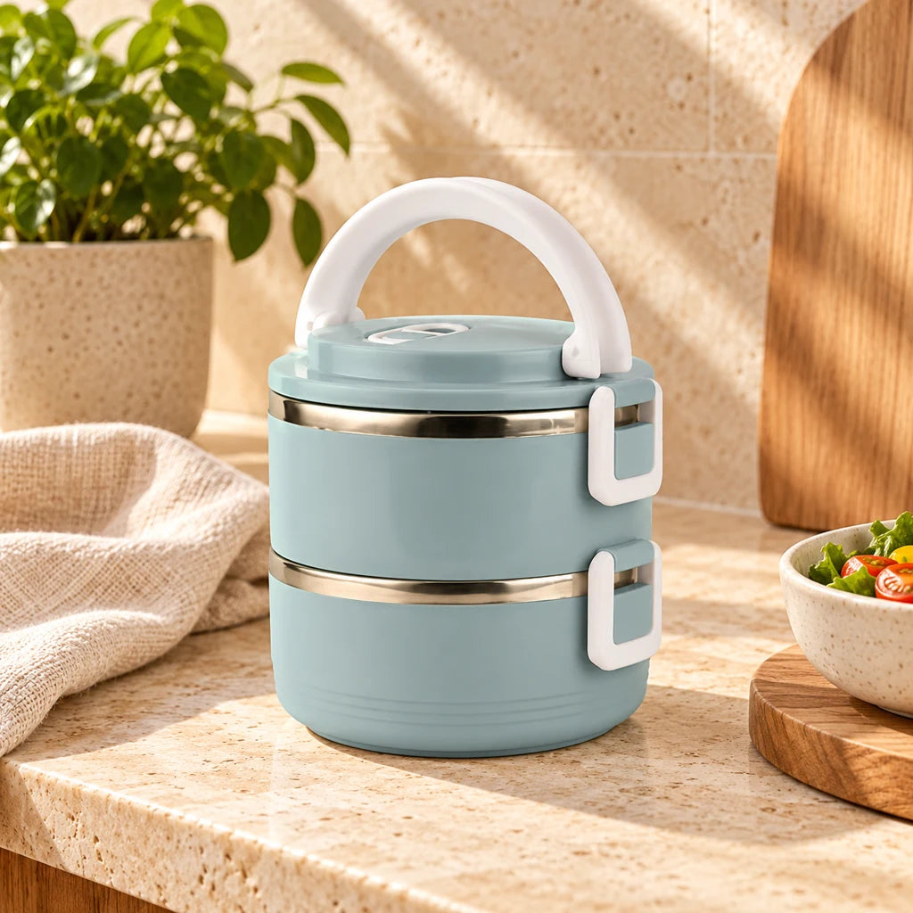 Blue Round 2-Tier Insulated Stainless Steel Lunch Box