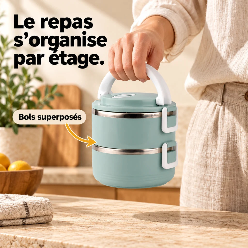 Lunch Box Isotherme Inox Ronde Bleue 2 étages — vue 2