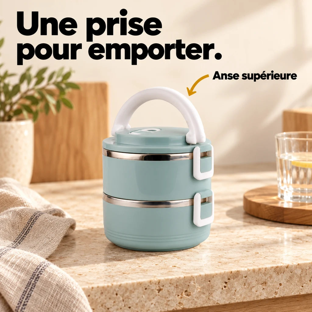 Lunch Box Isotherme Inox Ronde Bleue 2 étages — vue 3