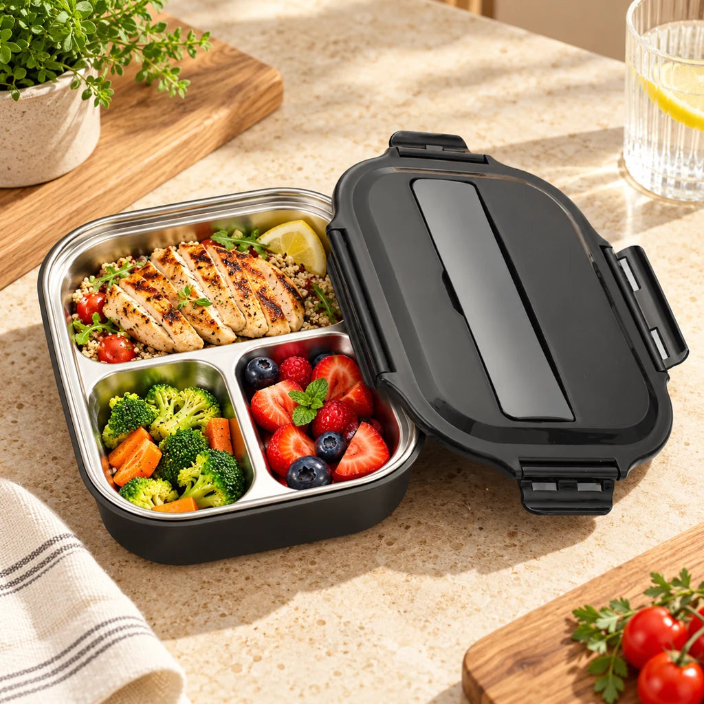 Black Insulated Stainless Steel Compartment Lunch Box
