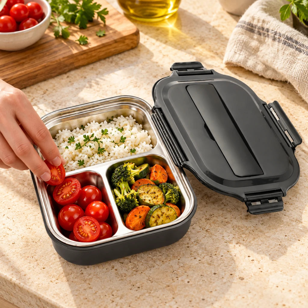 Black Insulated Stainless Steel Compartment Lunch Box — view 2