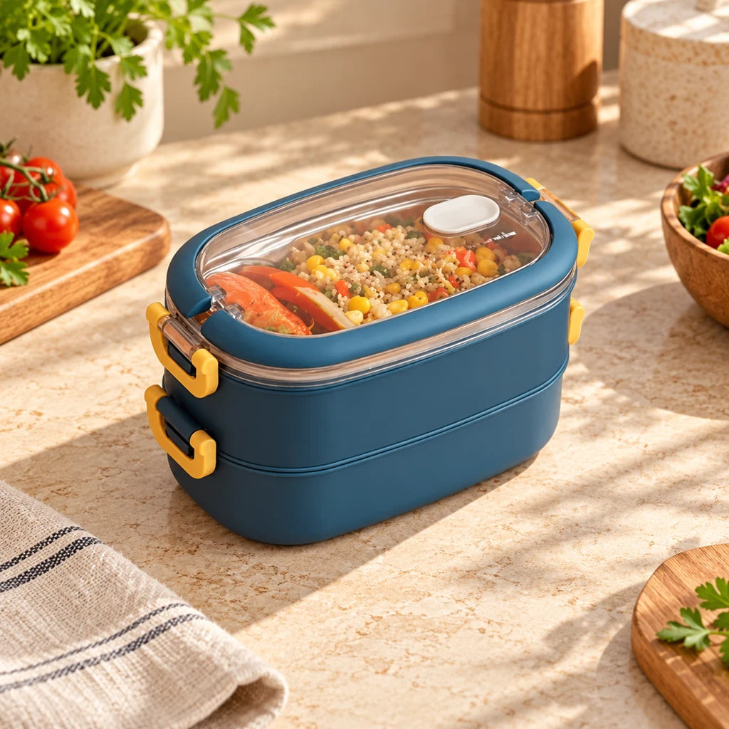 Blue 2-Tier Insulated Stainless Steel Lunch Box with Clear Lid