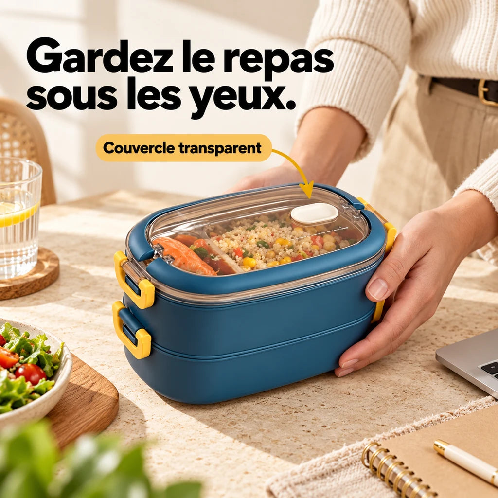 Lunch Box Isotherme Inox Bleu couvercle transparent 2 étages — vue 2