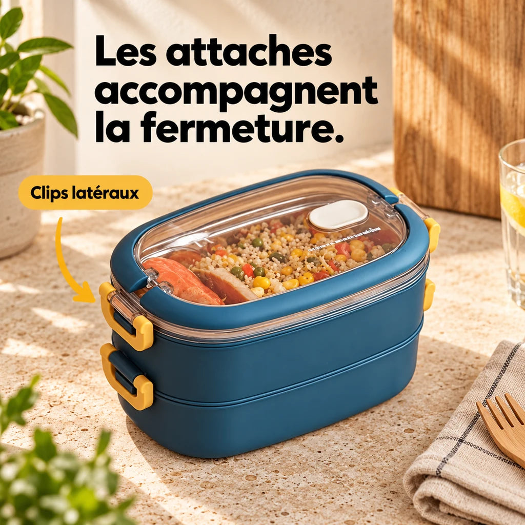 Lunch Box Isotherme Inox Bleu couvercle transparent 2 étages — vue 3